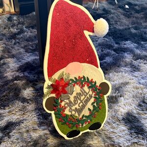 Festive wood Gnome Christmas Decoration with Red Hat & Merry Christmas wreath